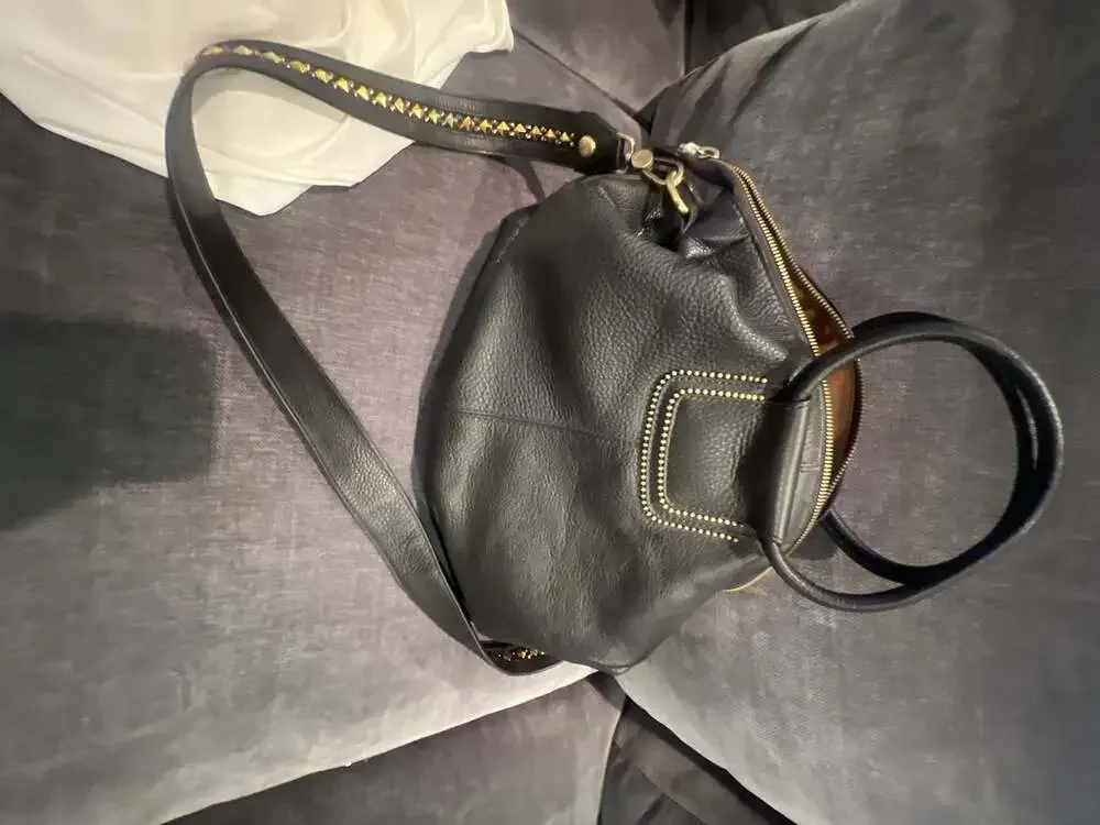 Hobo Sheila Satchel in Black Pebbled Leather with Studded Strap